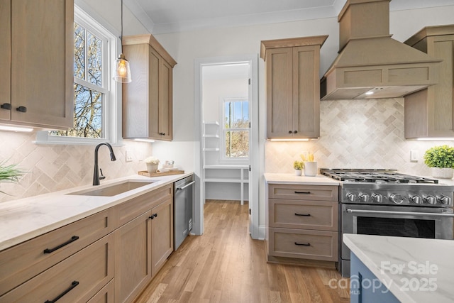 kitchen with light stone counters, premium range hood, light wood-style flooring, a sink, and appliances with stainless steel finishes