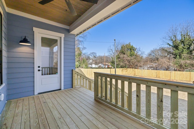 deck with ceiling fan and a fenced backyard