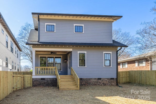 back of house with a shingled roof, ceiling fan, a fenced backyard, a deck, and crawl space