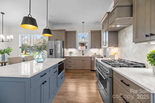 1824 Haines St, Charlotte, NC 28216 - kitchen featuring crown molding, high quality appliances, wood finished floors, custom exhaust hood, and a sink