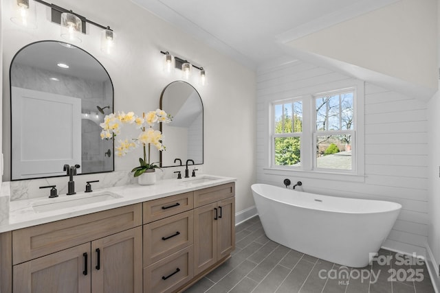 1824 Haines St, Charlotte, NC 28216 - full bathroom with a sink, tiled shower, a freestanding bath, and double vanity