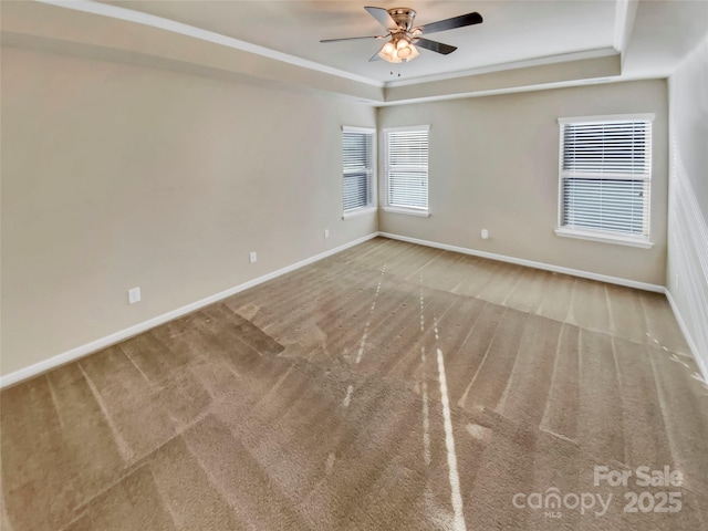 unfurnished room featuring crown molding, ceiling fan, a tray ceiling, and carpet floors