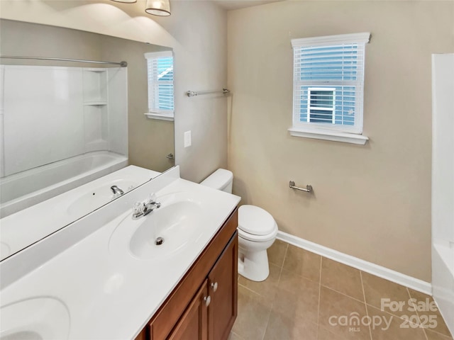 full bathroom featuring vanity, tile patterned floors, bathing tub / shower combination, and toilet