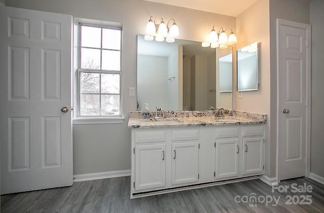 bathroom with vanity and wood-type flooring