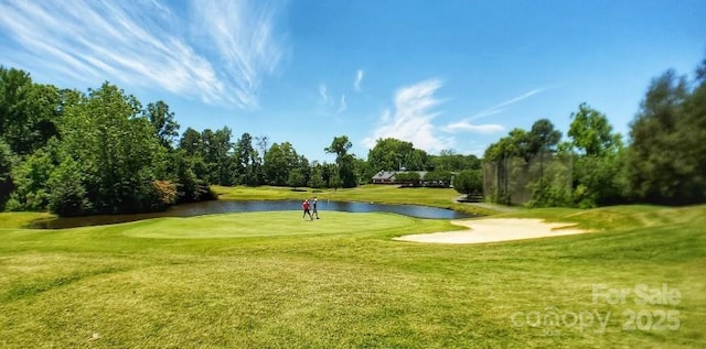 view of community featuring a lawn and a water view