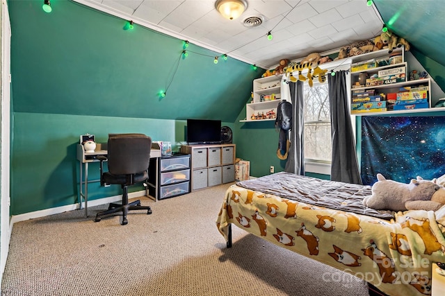 bedroom with carpet, visible vents, vaulted ceiling, and baseboards