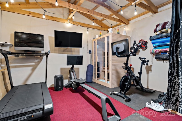 exercise room with lofted ceiling