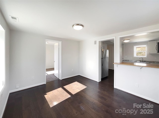 unfurnished living room with sink and dark wood-type flooring