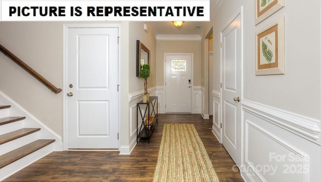 entryway featuring ornamental molding and dark wood-type flooring