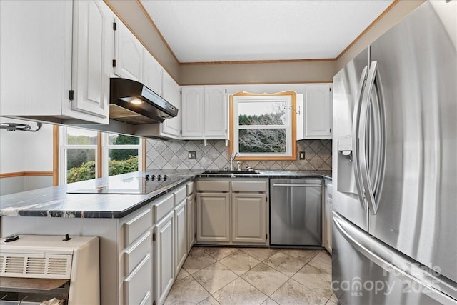 kitchen with appliances with stainless steel finishes, white cabinetry, sink, backsplash, and kitchen peninsula