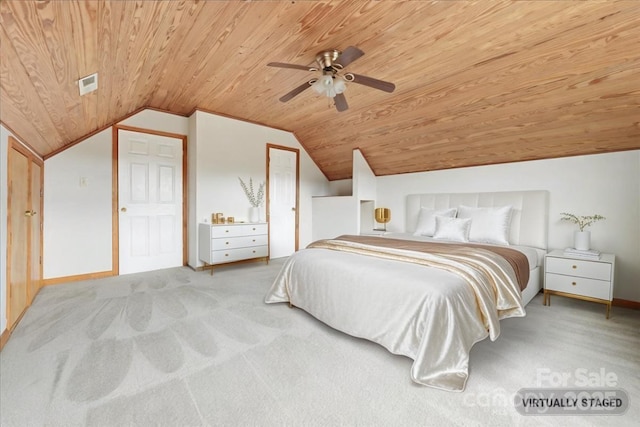 bedroom with light carpet, wooden ceiling, ceiling fan, and lofted ceiling