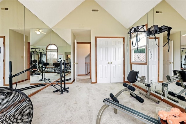 workout area with plenty of natural light, carpet, and high vaulted ceiling