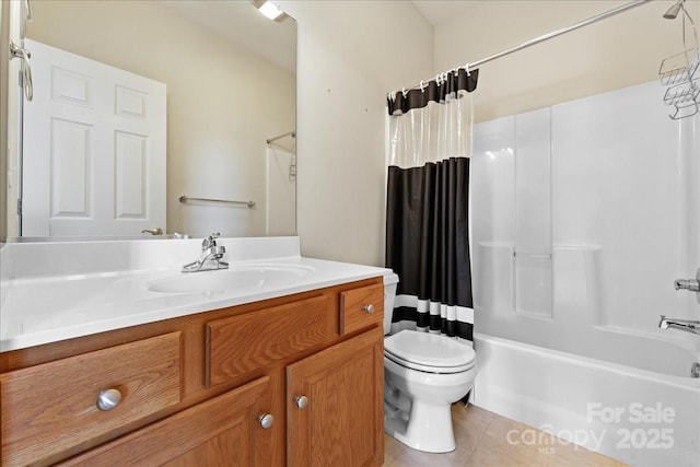 full bathroom with vanity, toilet, tile patterned flooring, and shower / bath combo with shower curtain