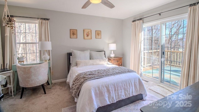 bedroom featuring carpet floors, access to exterior, multiple windows, and baseboards