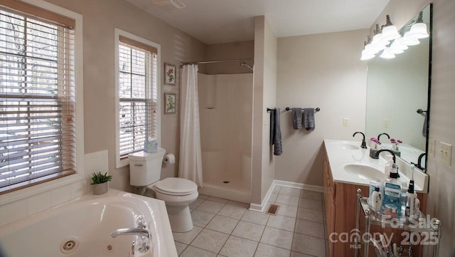 bathroom with toilet, a sink, a shower stall, a whirlpool tub, and tile patterned floors