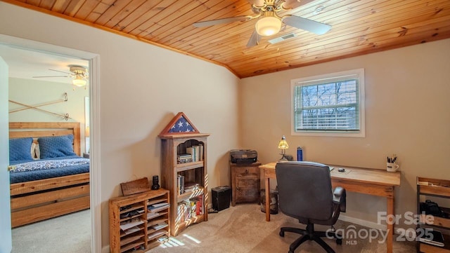 carpeted home office featuring wood ceiling, ceiling fan, lofted ceiling, and visible vents