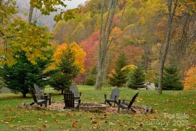 view of community featuring a lawn and a view of trees