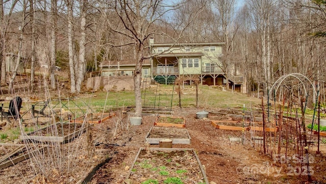 view of yard featuring a vegetable garden and a deck