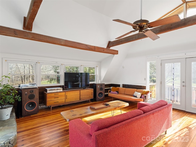 living room featuring french doors, high vaulted ceiling, light hardwood / wood-style flooring, ceiling fan, and beam ceiling