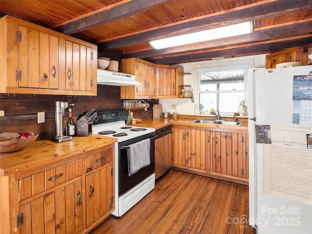 kitchen featuring sink, wood ceiling, dark hardwood / wood-style flooring, beamed ceiling, and white appliances