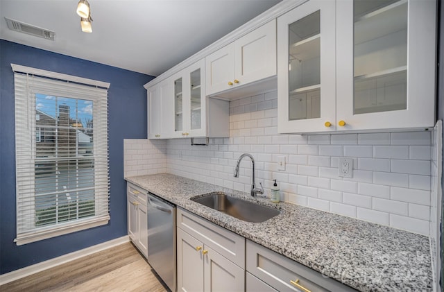 kitchen featuring sink, light stone countertops, white cabinets, decorative backsplash, and stainless steel dishwasher