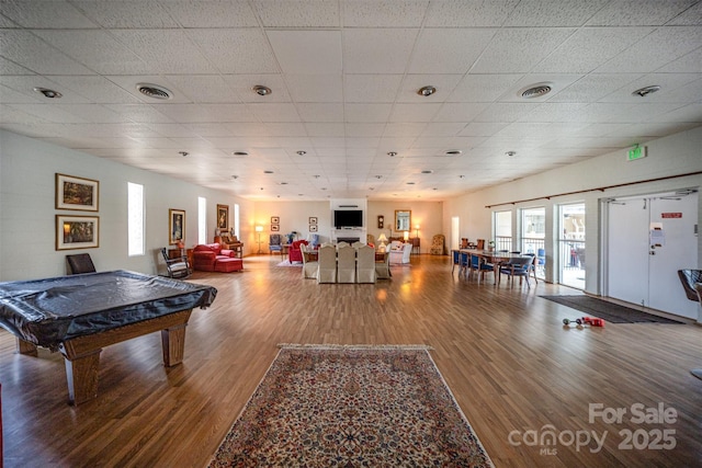 playroom with hardwood / wood-style floors, a paneled ceiling, and billiards