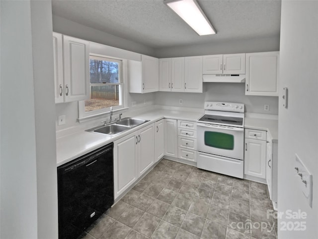 kitchen featuring white electric stove, white cabinetry, black dishwasher, and sink