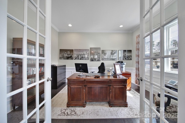 office area featuring wainscoting, light wood-style flooring, ornamental molding, french doors, and recessed lighting