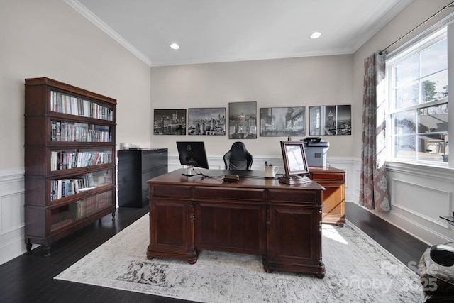 home office featuring ornamental molding, wainscoting, dark wood finished floors, and recessed lighting