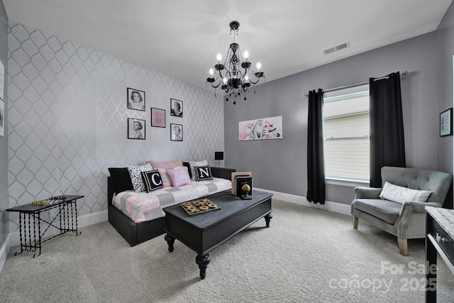 living room with light carpet, baseboards, and wallpapered walls