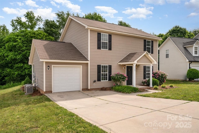 colonial house with a garage, central AC, driveway, and a front lawn