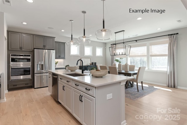 kitchen with gray cabinetry, stainless steel appliances, pendant lighting, sink, and a kitchen island with sink