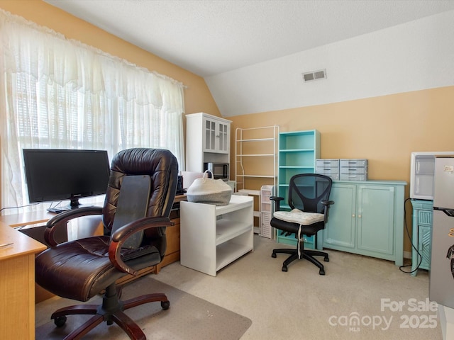 office area featuring light carpet, vaulted ceiling, and a textured ceiling