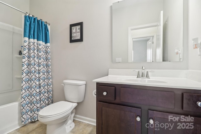 full bathroom with shower / bath combo, vanity, and toilet