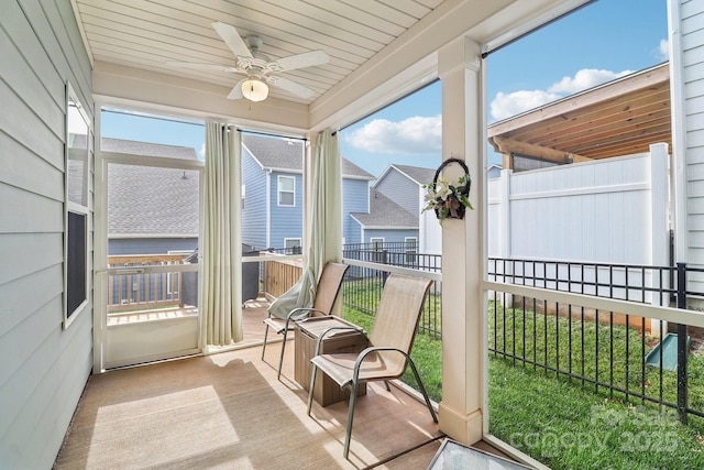 sunroom / solarium featuring wooden ceiling and ceiling fan