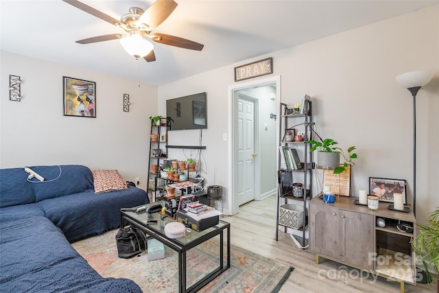 living room featuring ceiling fan and light hardwood / wood-style flooring