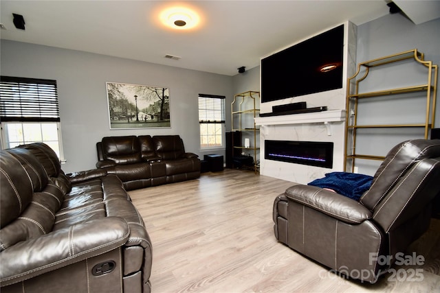 living room featuring a fireplace and light hardwood / wood-style flooring