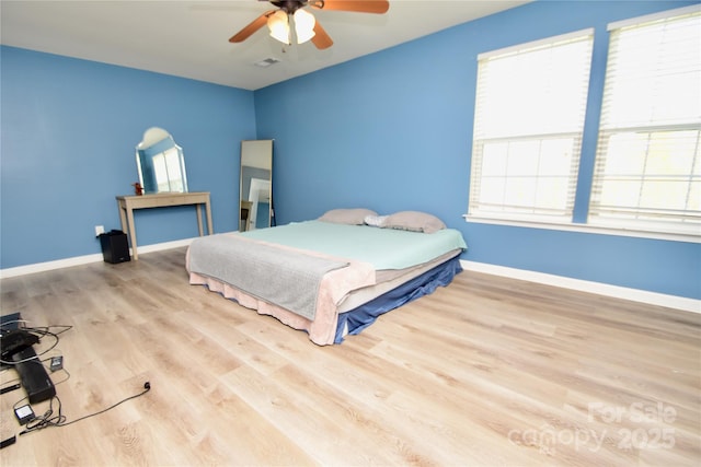 bedroom with ceiling fan and light hardwood / wood-style floors