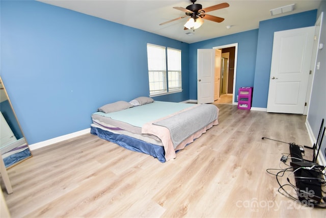 bedroom featuring ceiling fan and light wood-type flooring