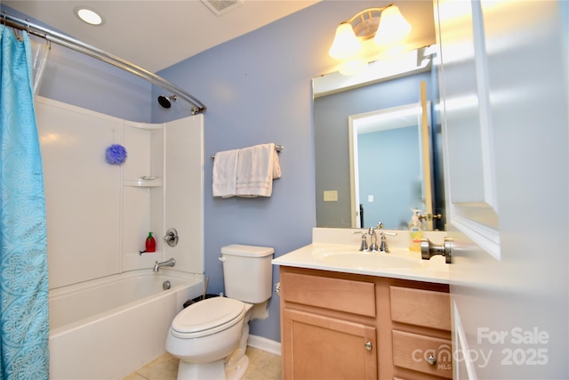 full bathroom featuring vanity, shower / tub combo, tile patterned floors, and toilet