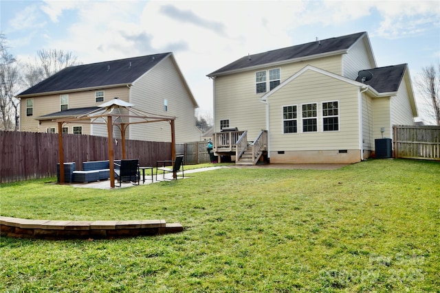 rear view of property featuring an outdoor living space, a patio, a yard, and cooling unit