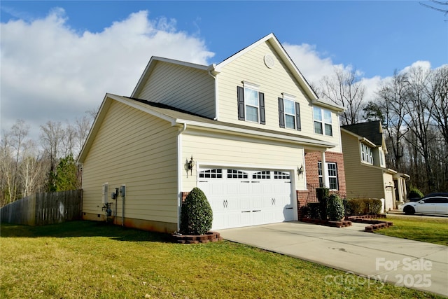 view of home's exterior with a garage and a lawn