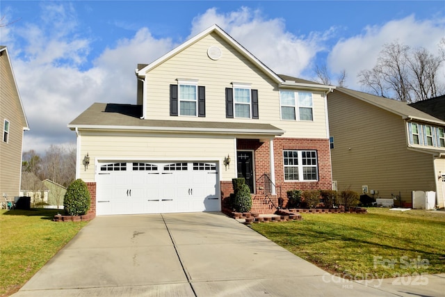 view of front of house featuring central AC unit, a garage, and a front yard