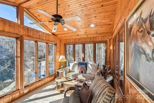 unfurnished sunroom with wood ceiling and vaulted ceiling