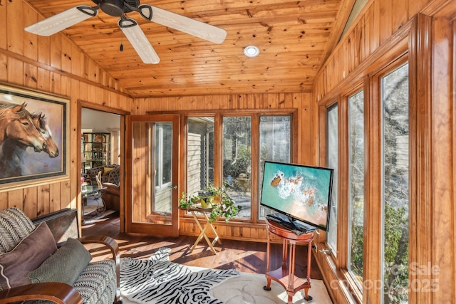 interior space with lofted ceiling, ceiling fan, and wooden ceiling