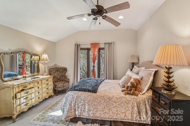 bedroom with a ceiling fan, lofted ceiling, light carpet, and recessed lighting