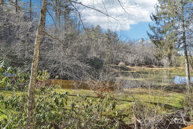 view of yard with a water view and fence