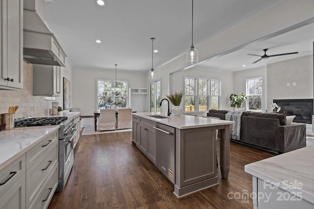 kitchen with dark wood-style flooring, backsplash, stainless steel appliances, and a sink