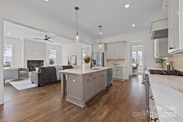 kitchen featuring dark wood-style floors, premium appliances, crown molding, and a sink