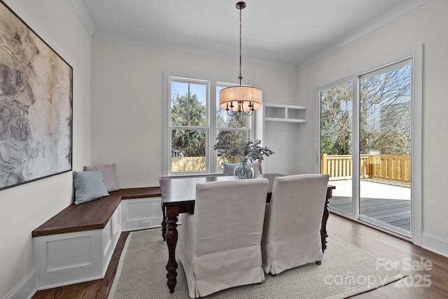 dining room with wood finished floors, a healthy amount of sunlight, and ornamental molding